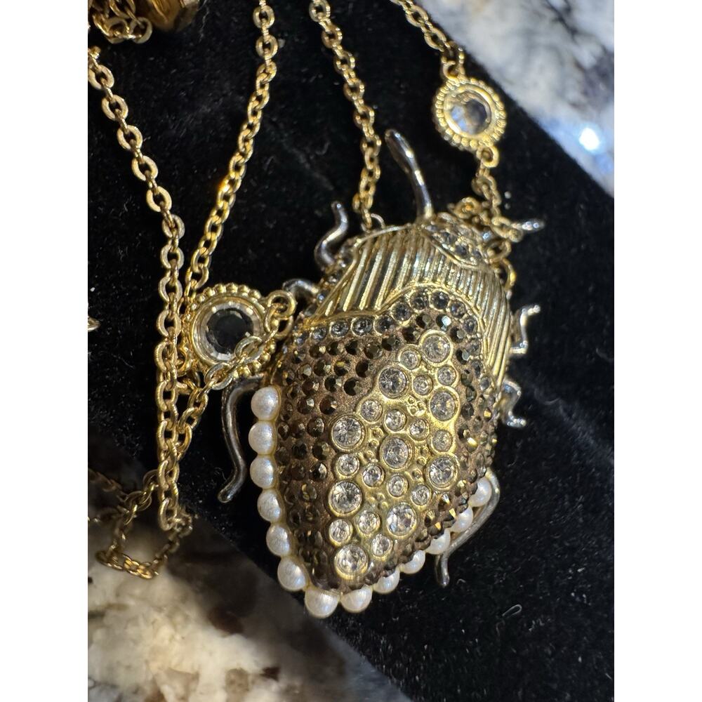 Swarovski Gold Tone Crystal Station Scarab Pendant 33" Necklace 18.2g